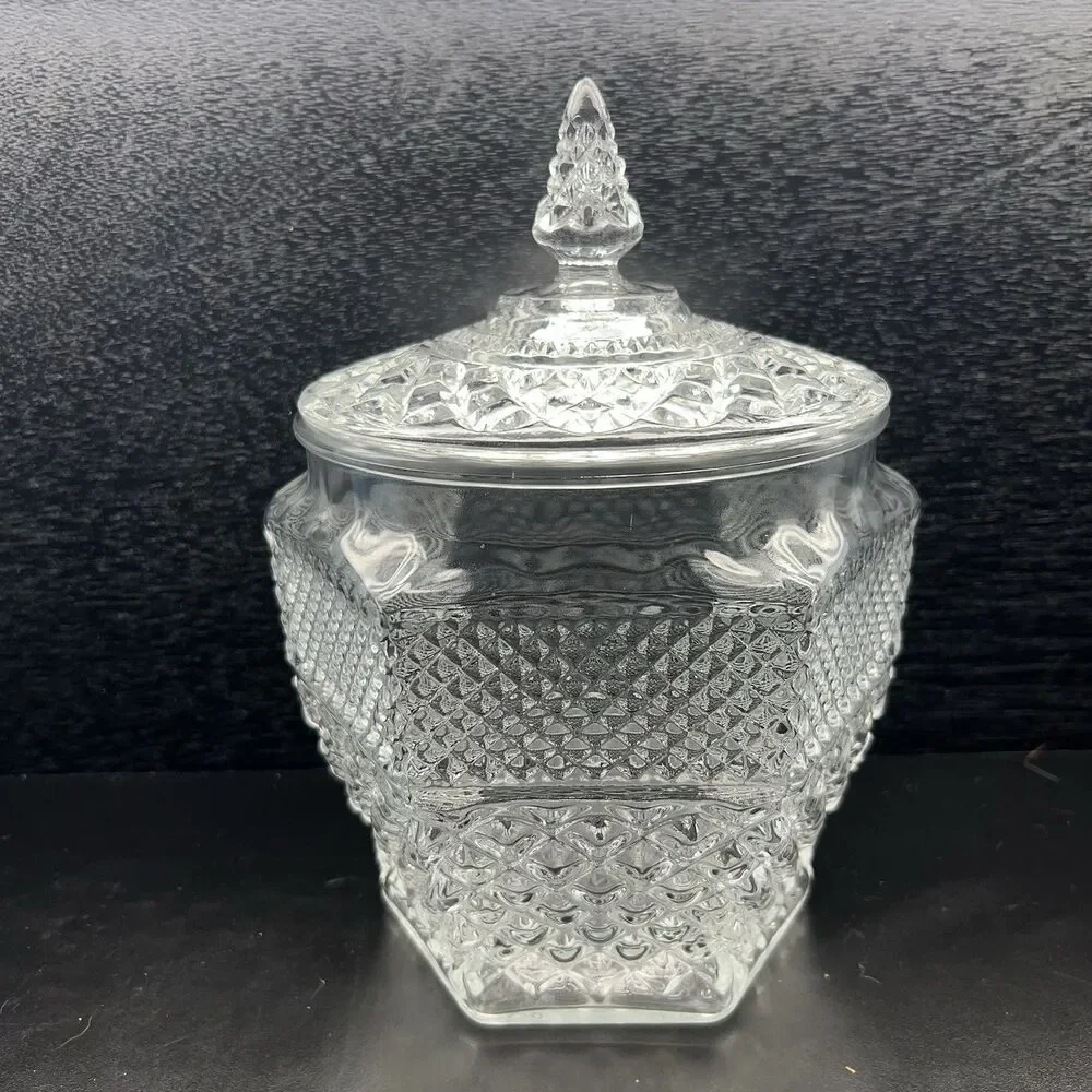 Anchor Hocking Wexford Cookie Jar w/ Lid Cut Glass 1960’s MCM Regency